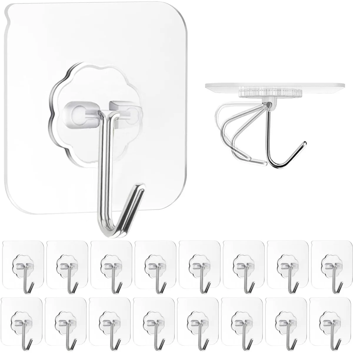 Sixteen clear adhesive hooks in a pack