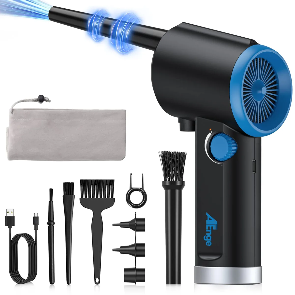 Black cordless electric air duster with stepless speed knob and nozzle attachments
