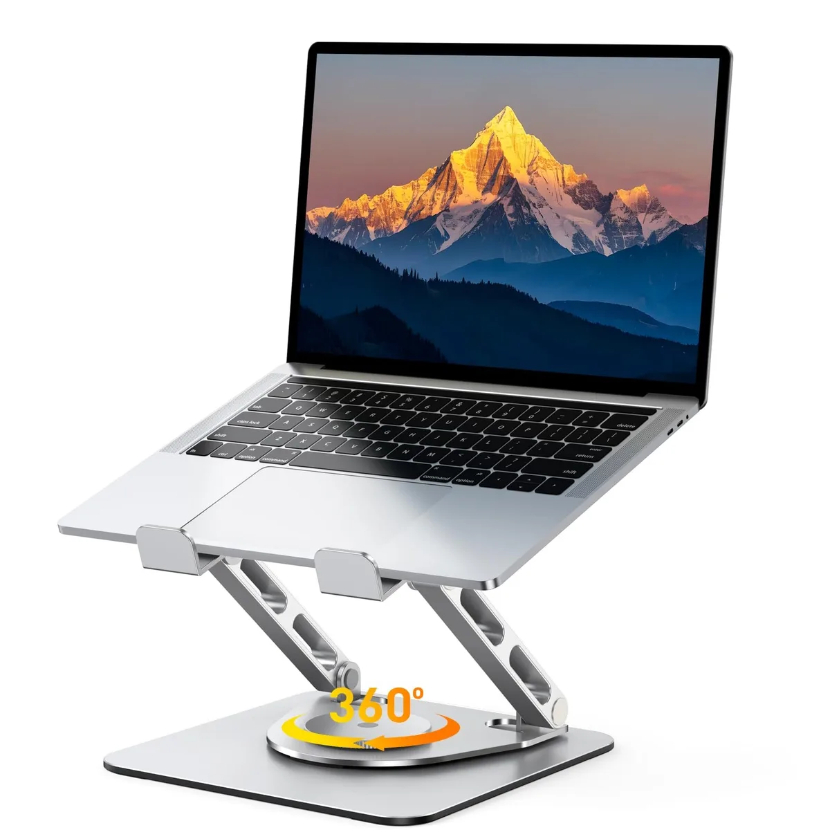 Silver rotatable laptop stand, dual-bar support, compact folded form