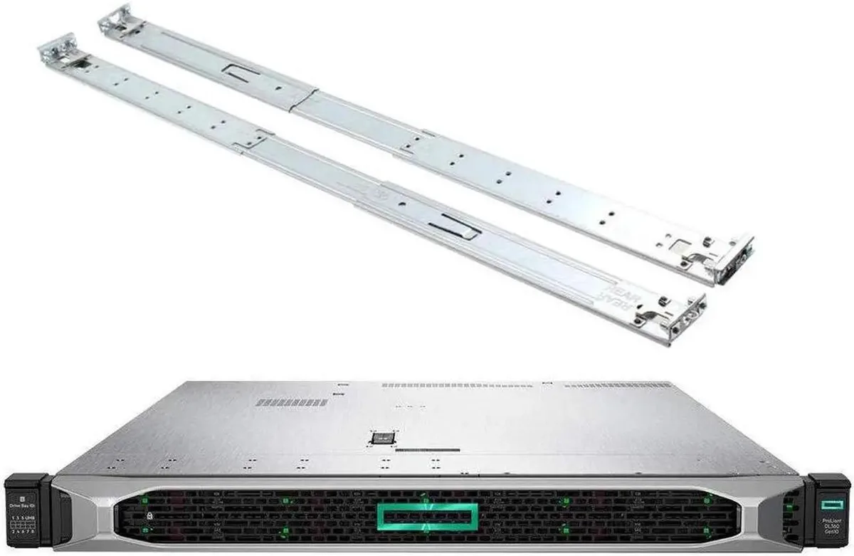 HPE HPE ProLiant DL360 Gen10 rack server, 2× Xeon Silver 4110 2.10GHz, 64GB DDR4, 7.68TB SATA SSD, rail kit — product photo