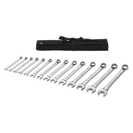 Ten chrome combination wrenches six to fifteen millimetres offset heads in storage tray