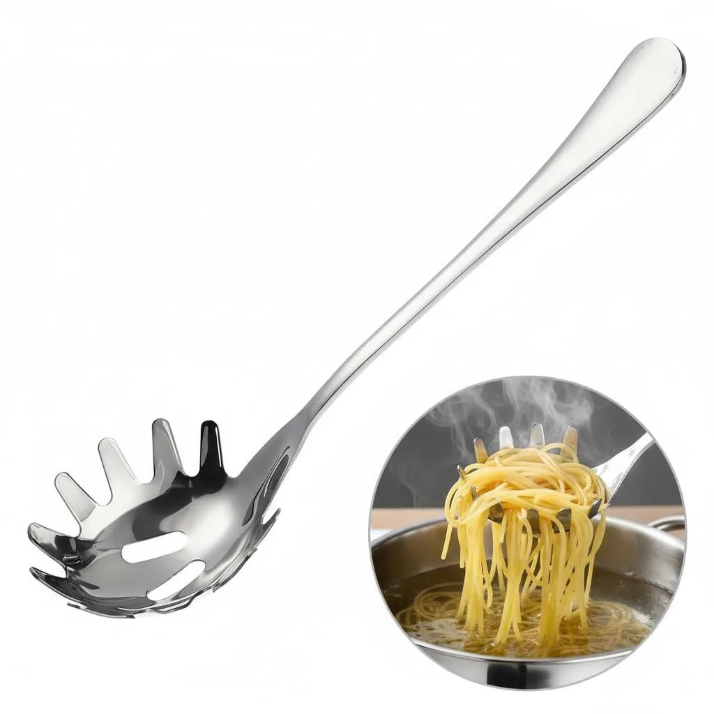 Silver stainless steel spaghetti spoon with toothed head and ergonomic handle, 9.4 inches long
