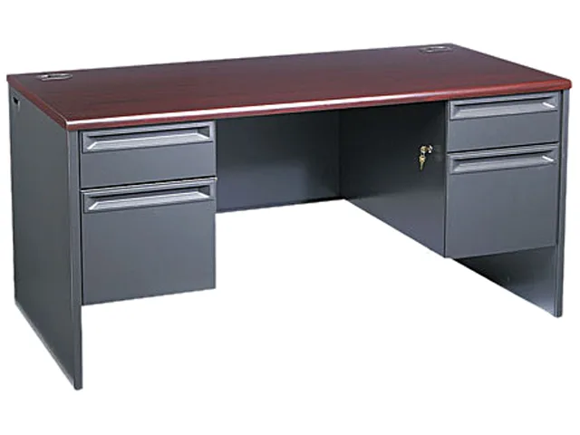 HON HON 38155NS Double Pedestal Desk 60w x 30d x 29.5h Mahogany/Charcoal office furniture — product photo