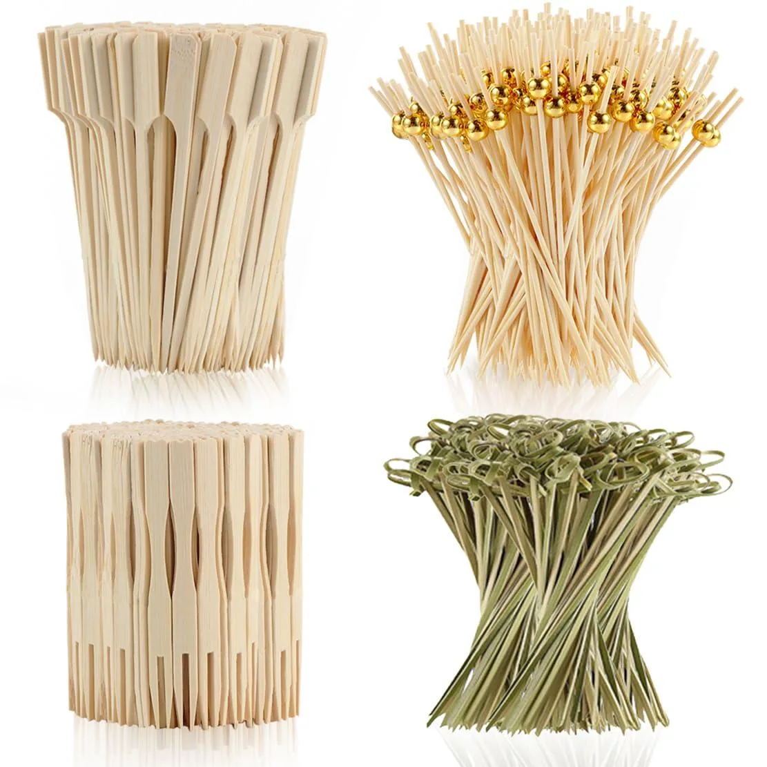 A clear box holding 400 gold bamboo cocktail picks 4.7 inches long