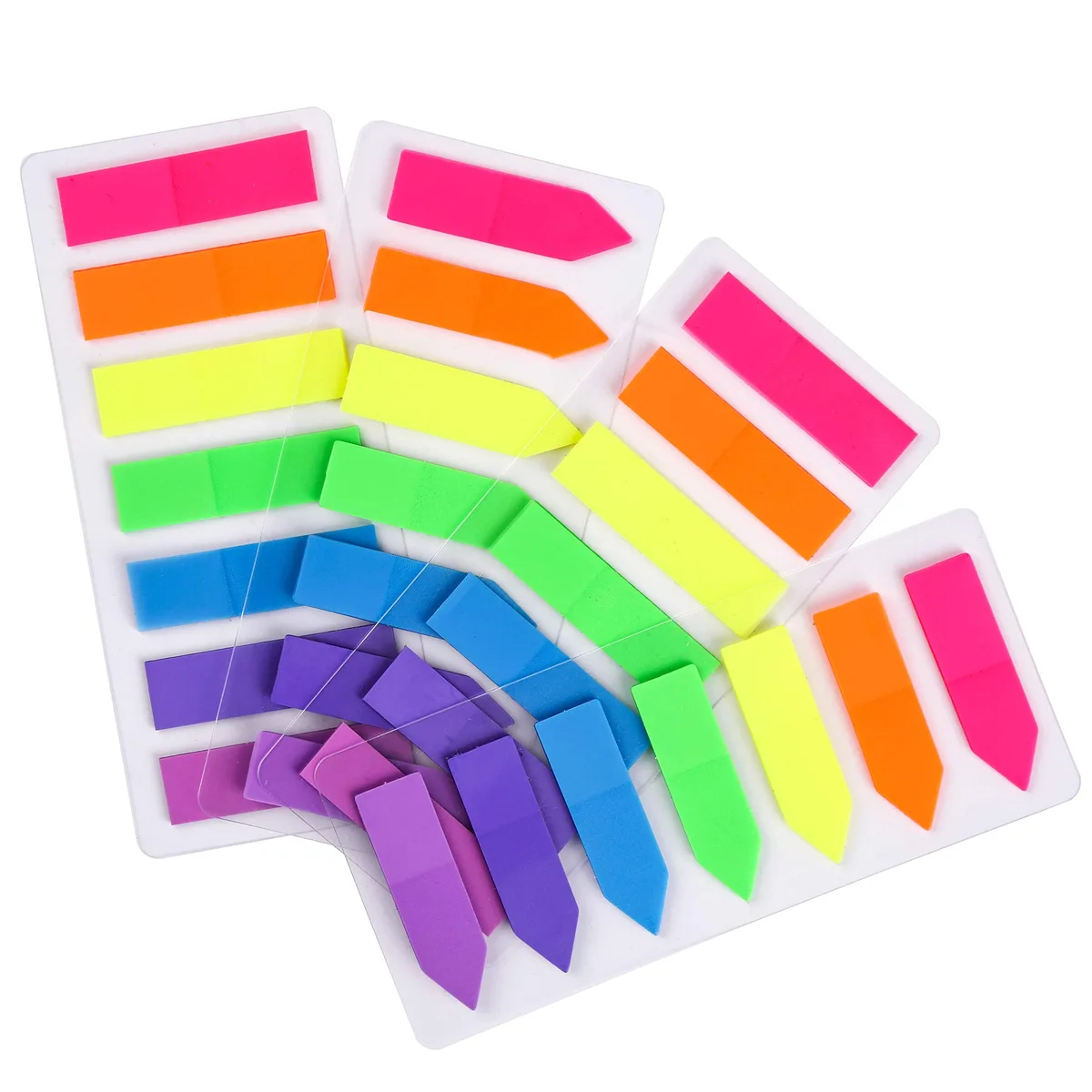 Pack of 560 neon sticky index tabs in rectangular and arrow shapes, assorted fluorescent colours