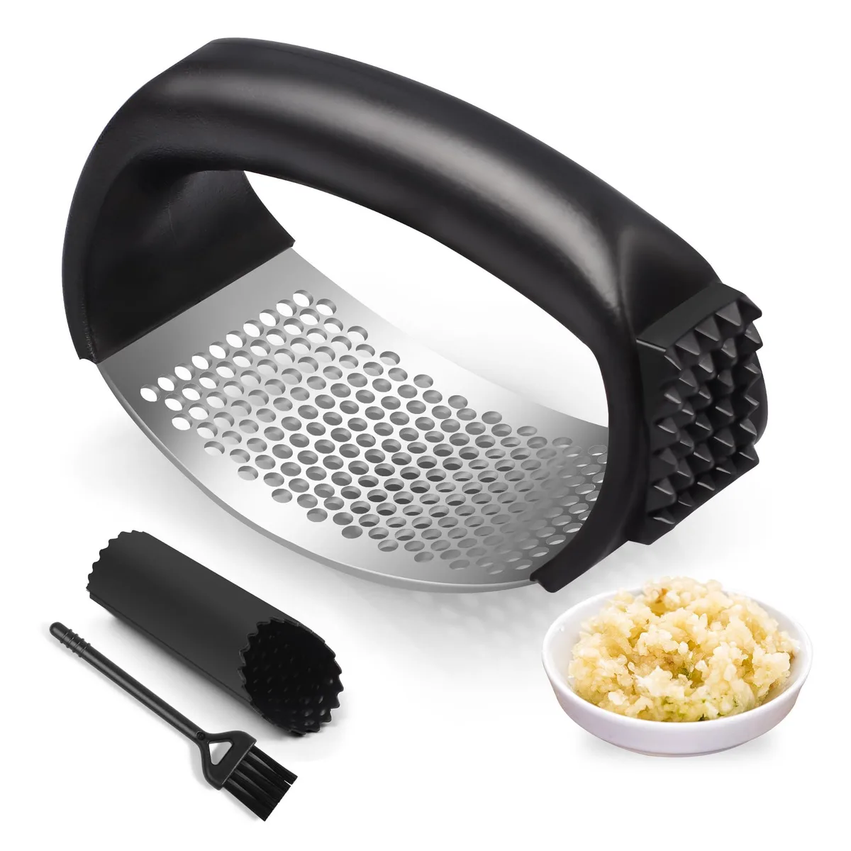 Stainless steel garlic press rocker with peeler and cleaning brush