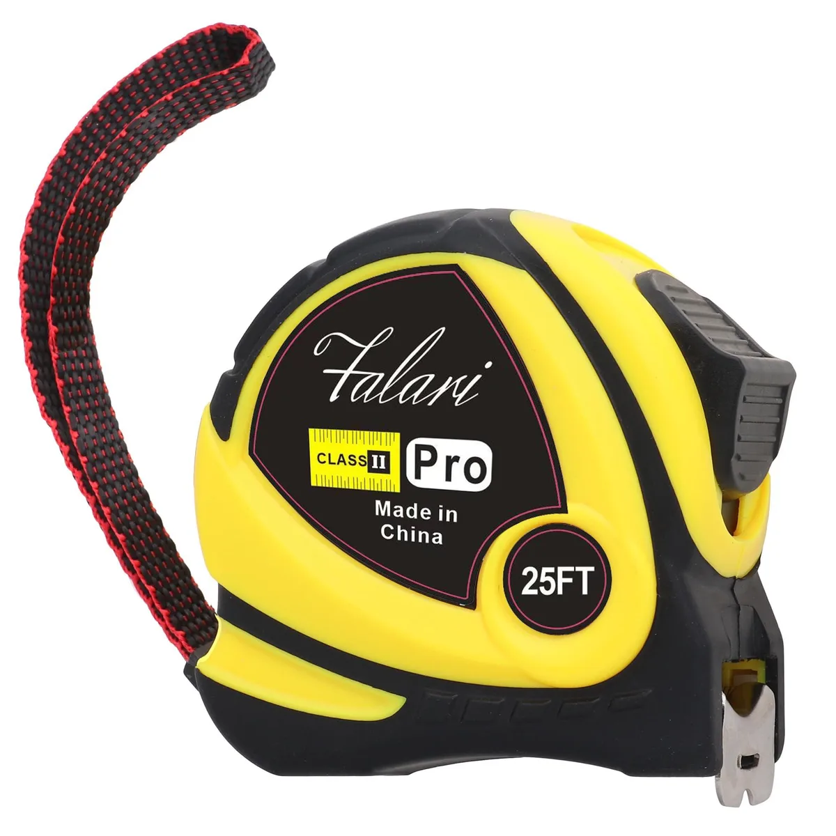 Yellow plastic case with retractable steel blade marked in fractions