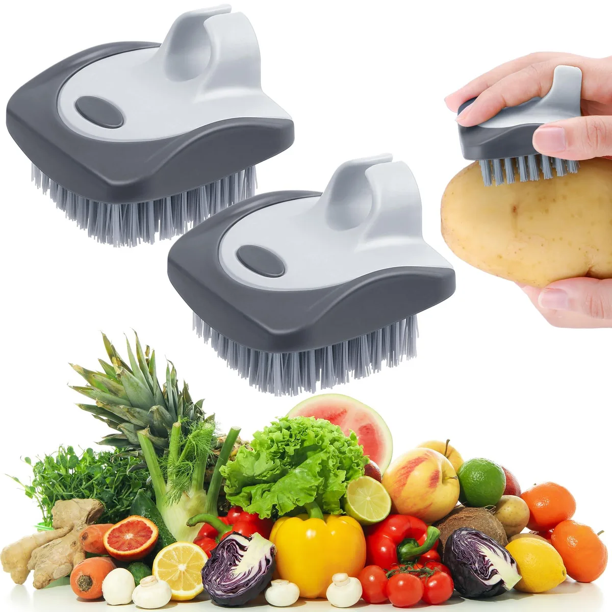 Two dark grey vegetable brushes with silicone grips and nylon bristles, each with a hanging ring