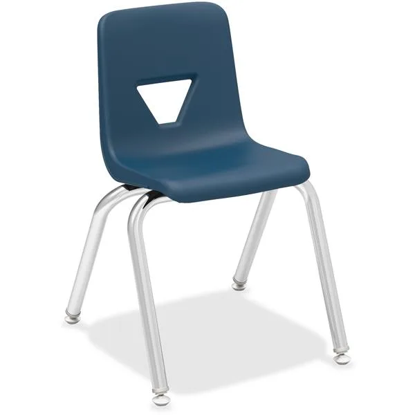Stack of colourful plastic classroom chairs with metal legs