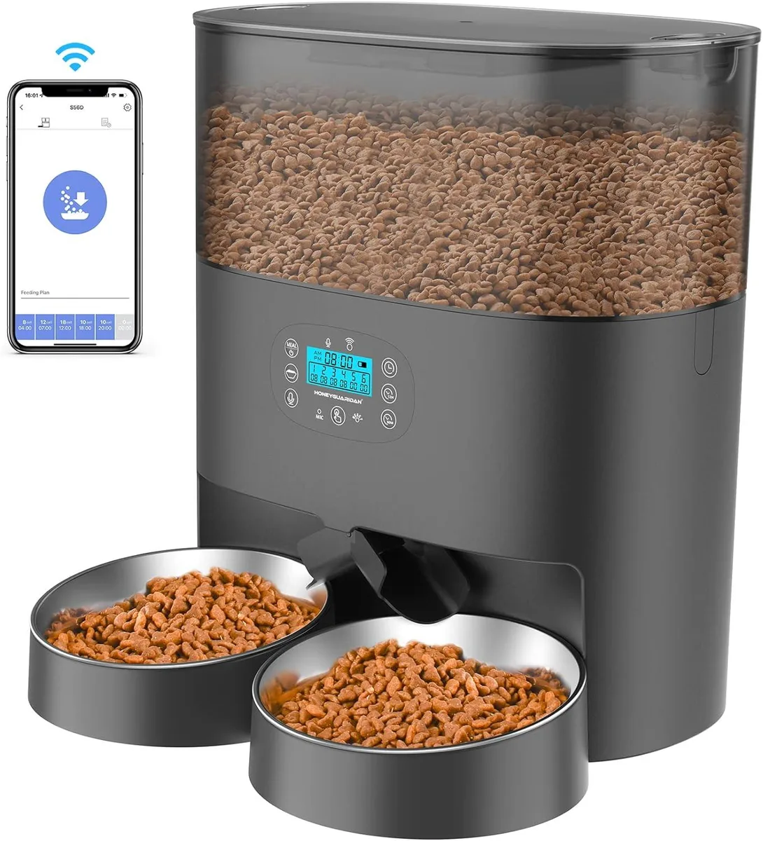 Black automatic pet feeder with clear 6L hopper and stainless steel bowl