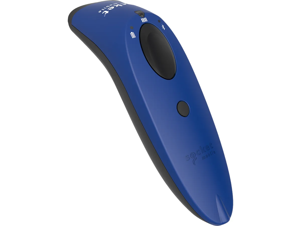 Blue handheld barcode scanner with rectangular LED aimer and trigger button