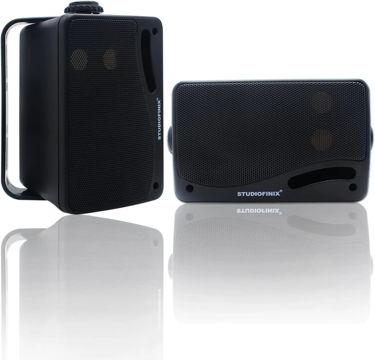 Pair of black rectangular outdoor speakers with white cones and mounting brackets