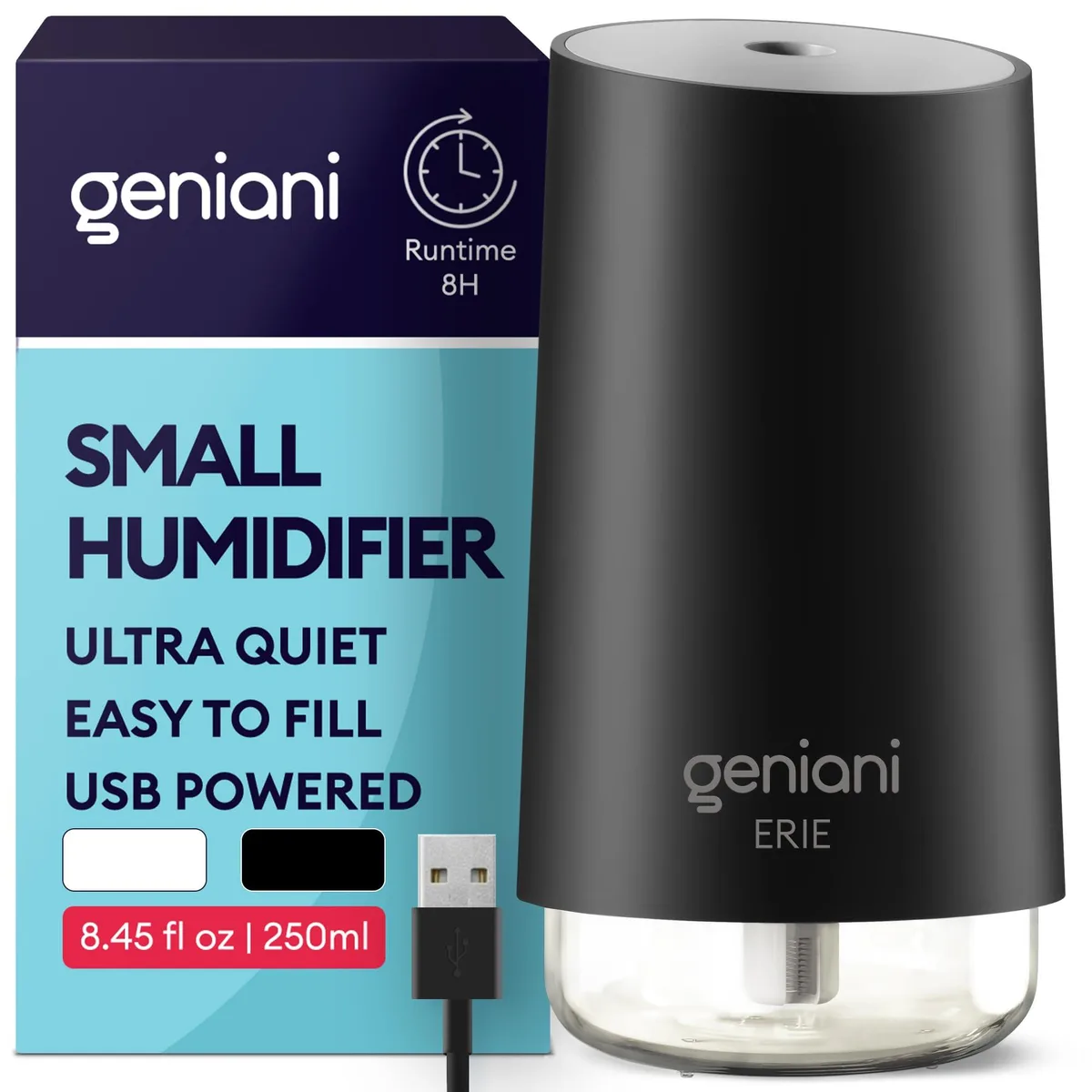 Small black USB humidifier with 250ml tank and night light
