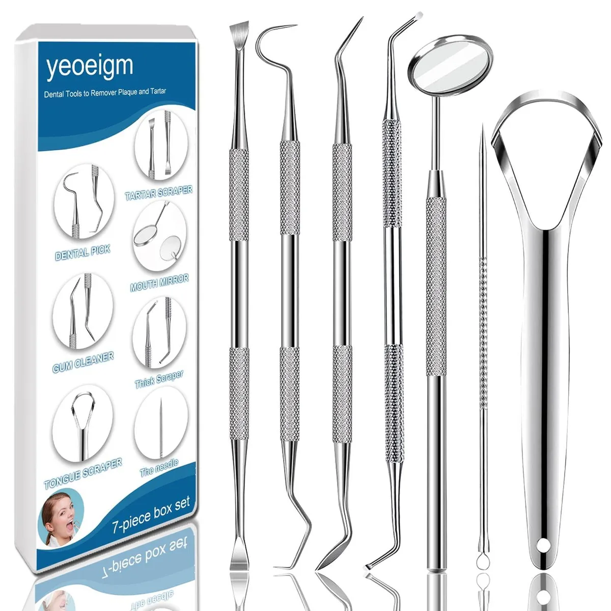 Seven stainless steel dental tools in a compact box