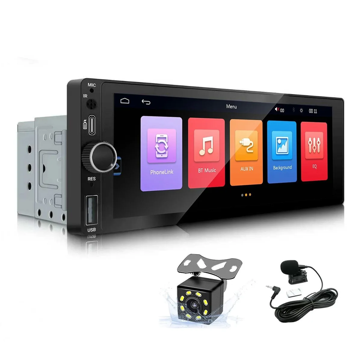 Single-DIN car stereo with 6.86 inch touchscreen and 170 degree rear camera
