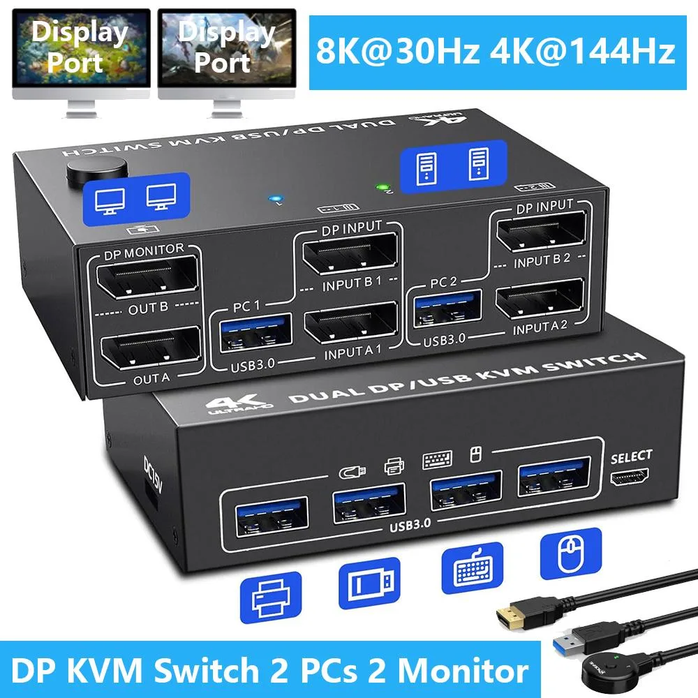 Hitoor Hitoor DisplayPort 1.4 KVM Switch 2 PC 2 Monitors 8K@30Hz 4K@144Hz USB 3.0 — product photo