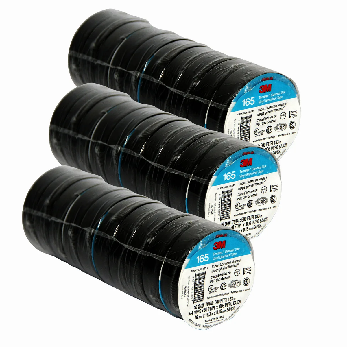 3M 3M Temflex Vinyl Electrical Tape 165 3/4" x 60ft Black 30 Rolls 3M-165-10-30PCS — product photo