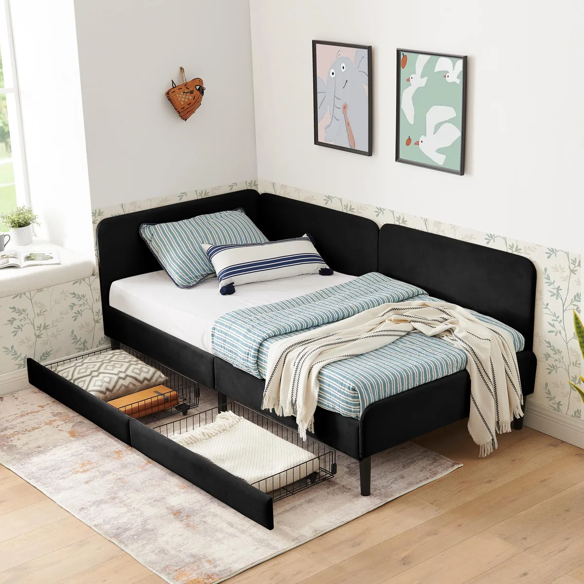 Black velvet twin sofa bed with two rolling storage drawers