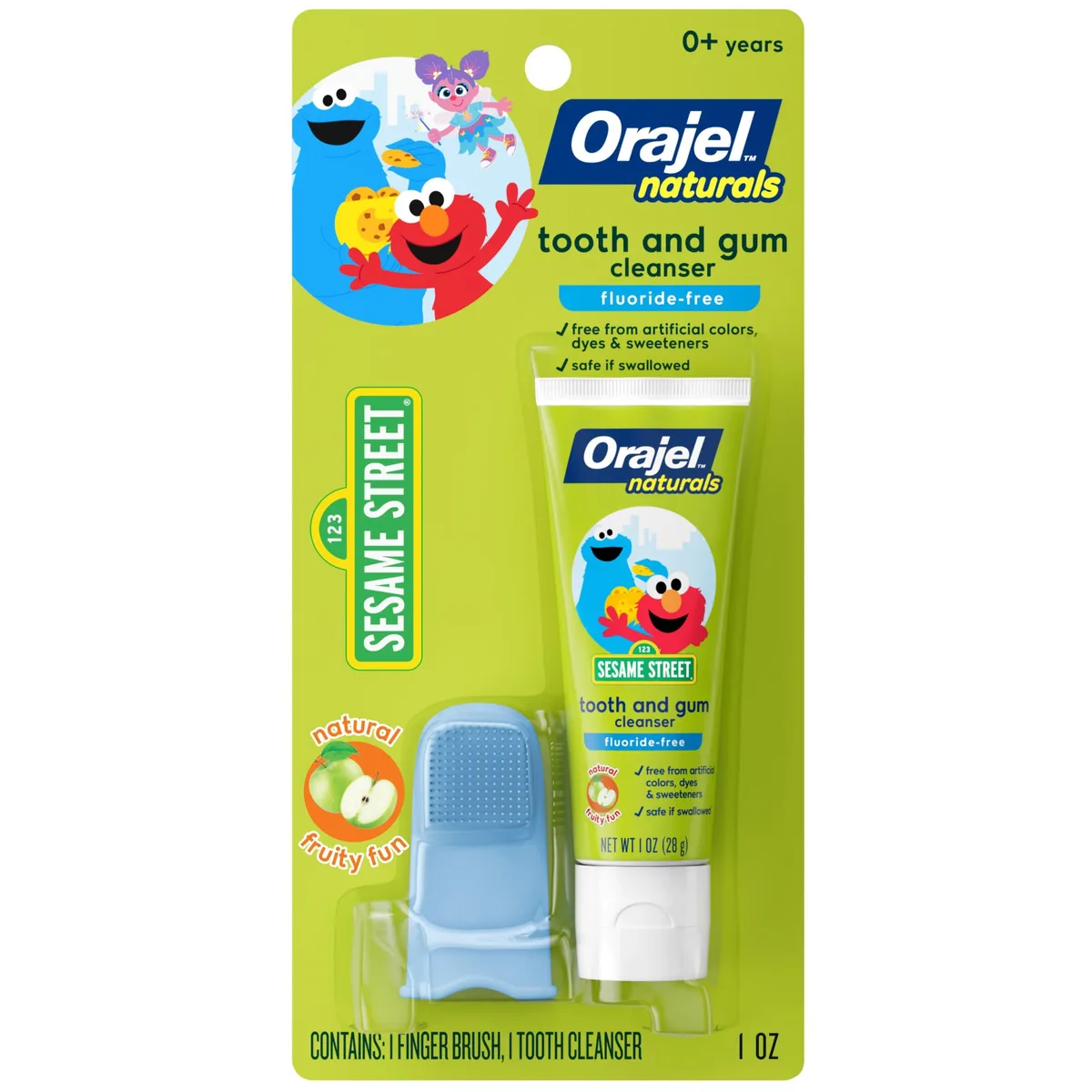 Small white tube with Elmo graphics and a finger brush beside it