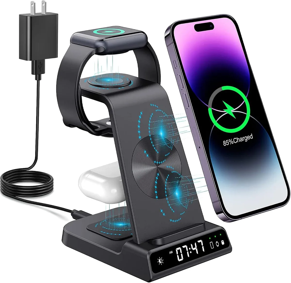 PISKEKAT PISKEKAT 3-in-1 Wireless Charger with Digital Clock — product photo