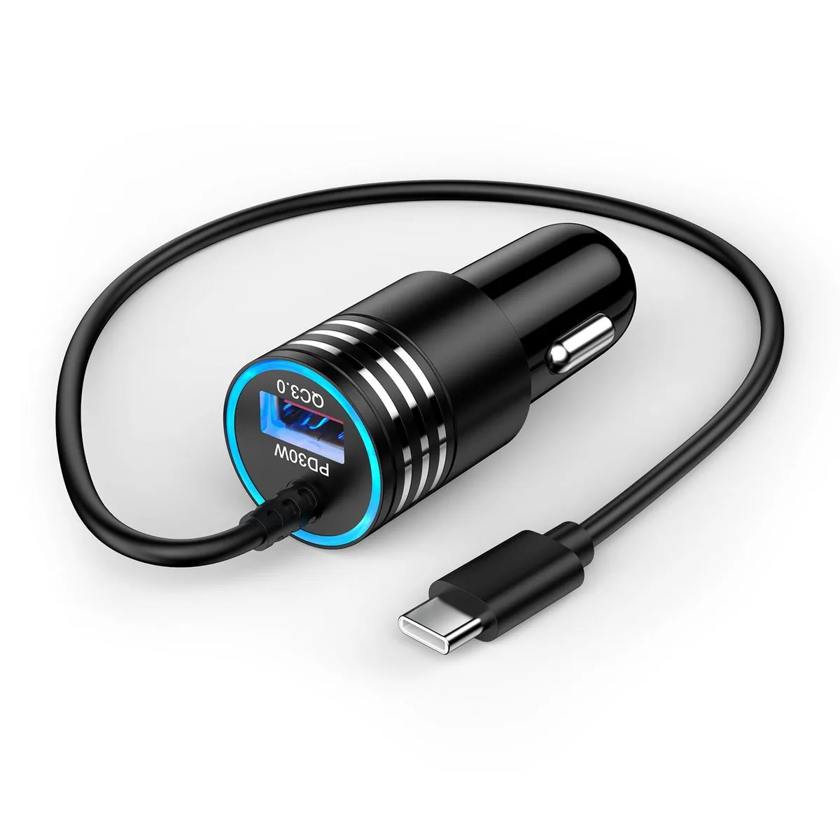 A compact black car charger with two ports and a short attached USB-C cable