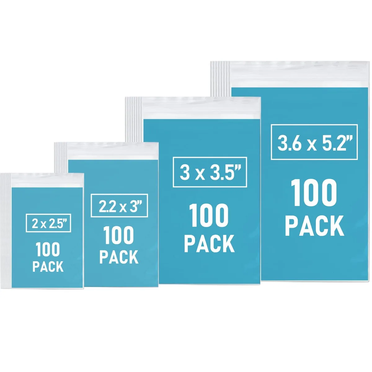 400 small rectangular resealable blue-tinted transparent plastic bags in four assorted sizes with 112 blank sticker tags