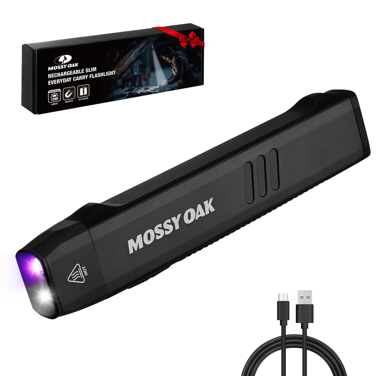Black flat EDC flashlight with magnetic base, UV and white LEDs, Type-C port, pocket clip