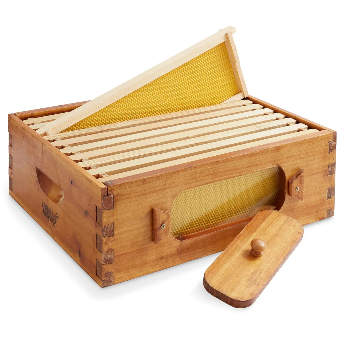 Wooden beehive box with front window and ten frames