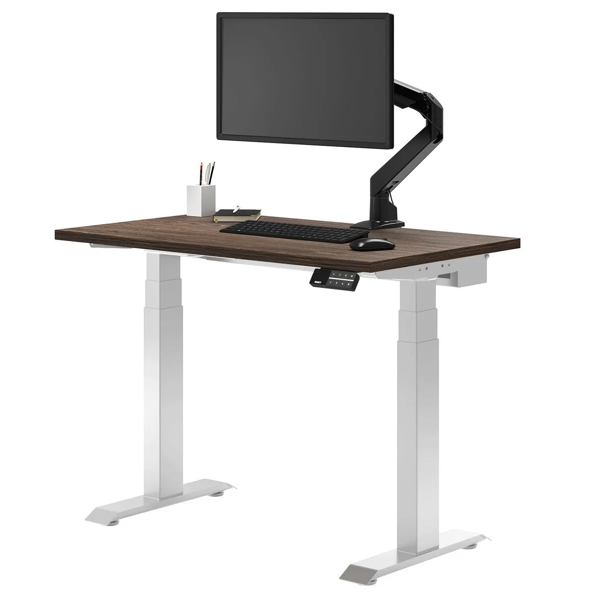 Desky Desky Dual Mini Sit Stand Desk Natural Walnut White 32 x 20 in with Grommets office furniture — product photo