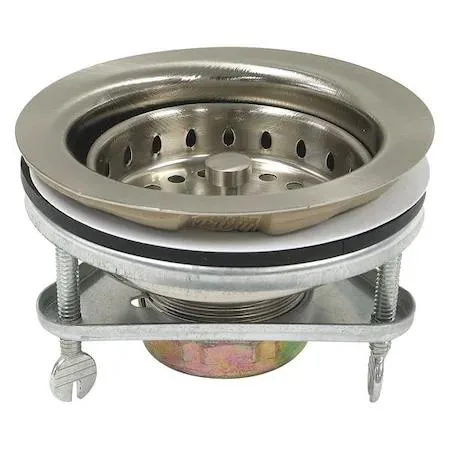 Silver round sink drain strainer with brushed nickel finish and threaded connection