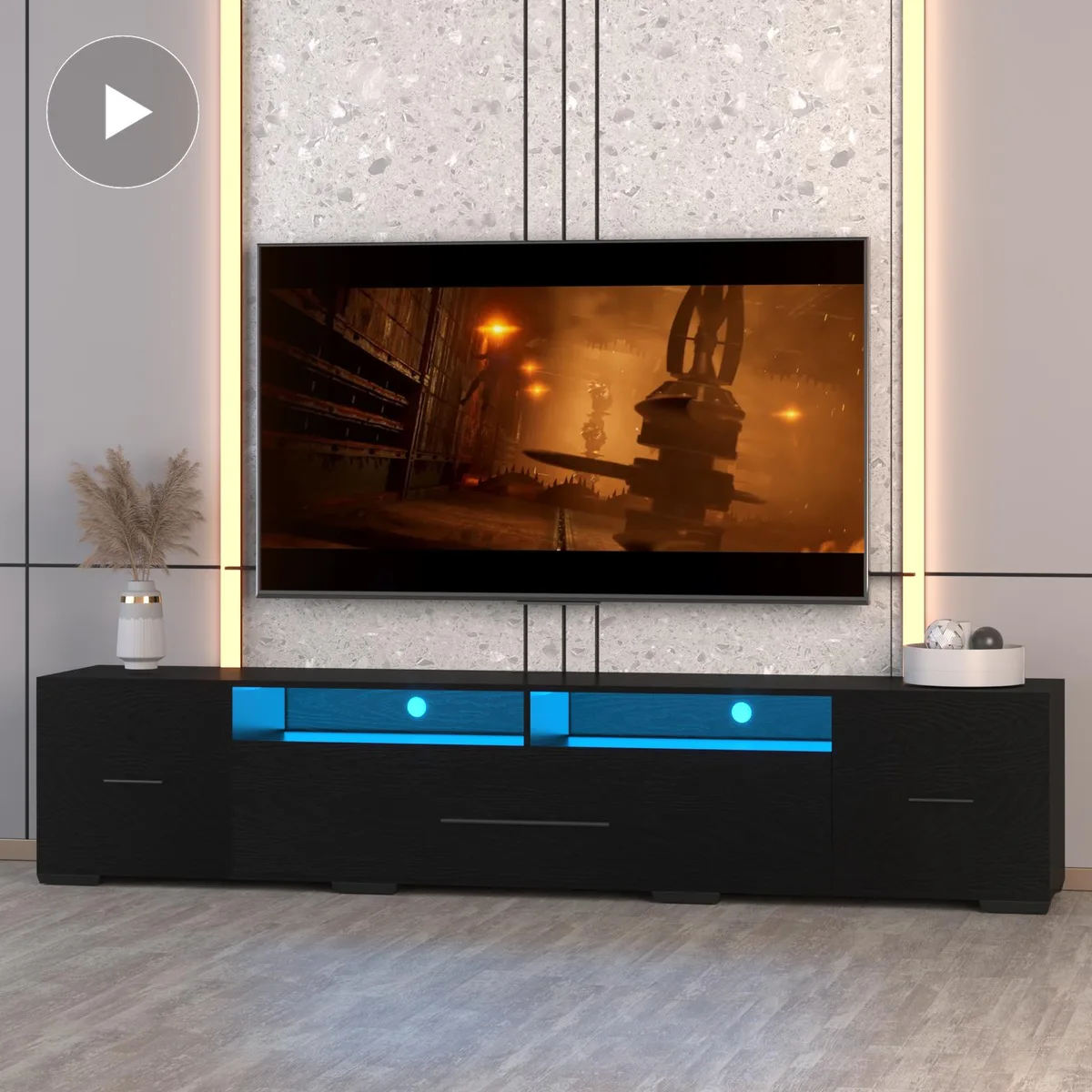 Black particle-board TV stand for 80 inch screens with LED lighting and storage cabinets