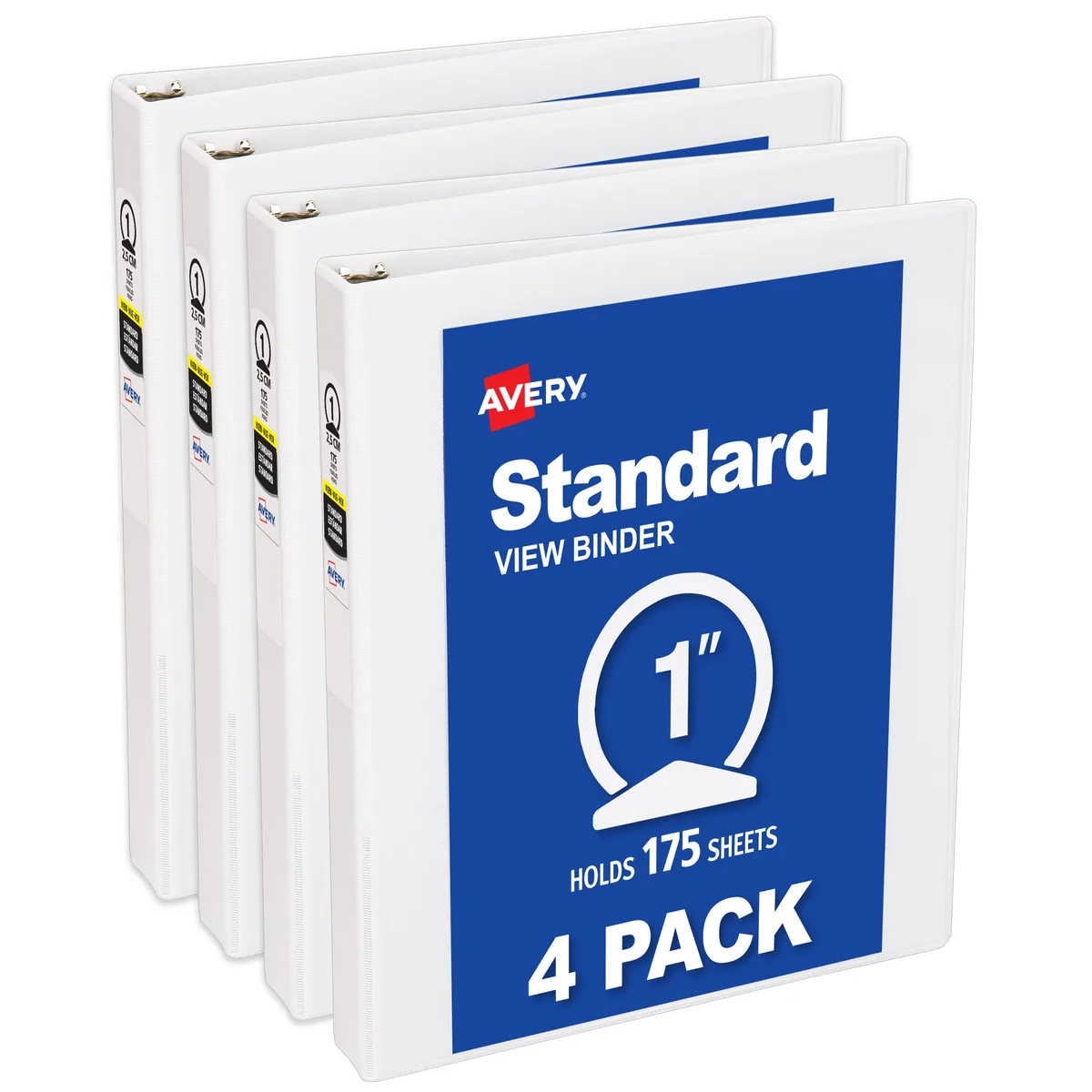 Four white mini binders with clear view covers and 1-inch round rings