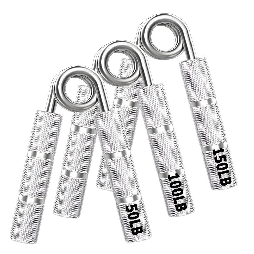 Three silver metal hand grippers with 50 100 150 lb resistance labels