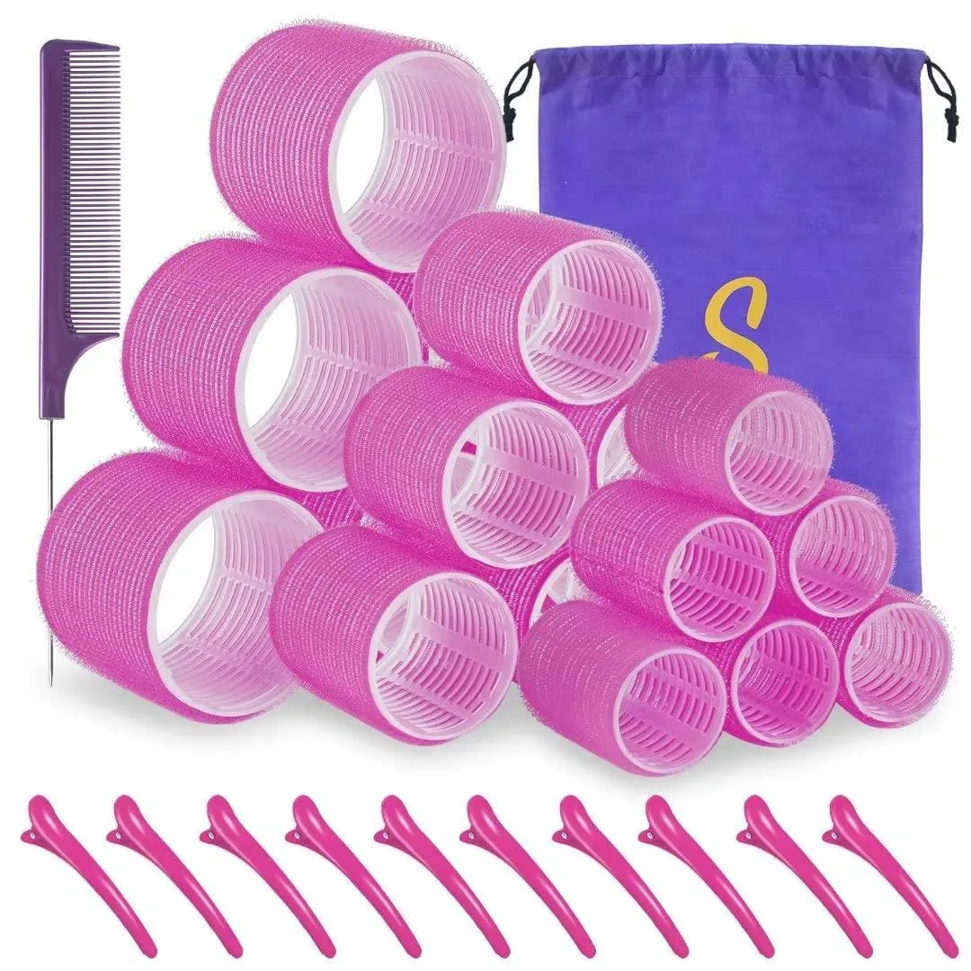 Rose red self-grip hair rollers with clips and comb in a set of 18