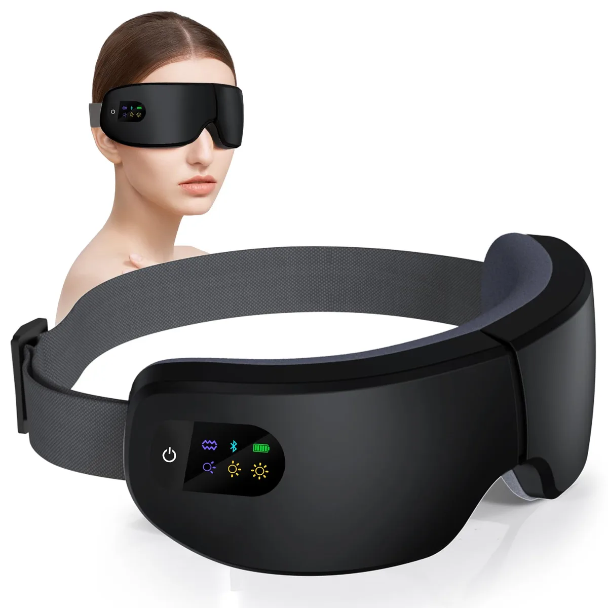 Black foldable eye mask with adjustable strap, smooth matte finish, compact oval shape