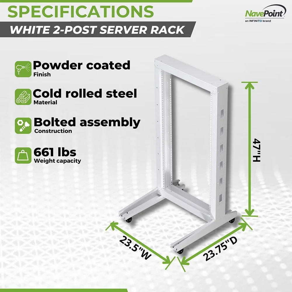 White 22U two-post open frame server rack, cold-rolled steel, signal white powder coat