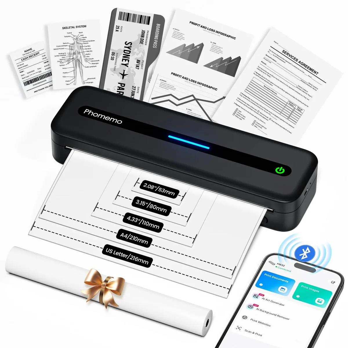 Black rectangular thermal printer with rounded edges and a paper slot visible