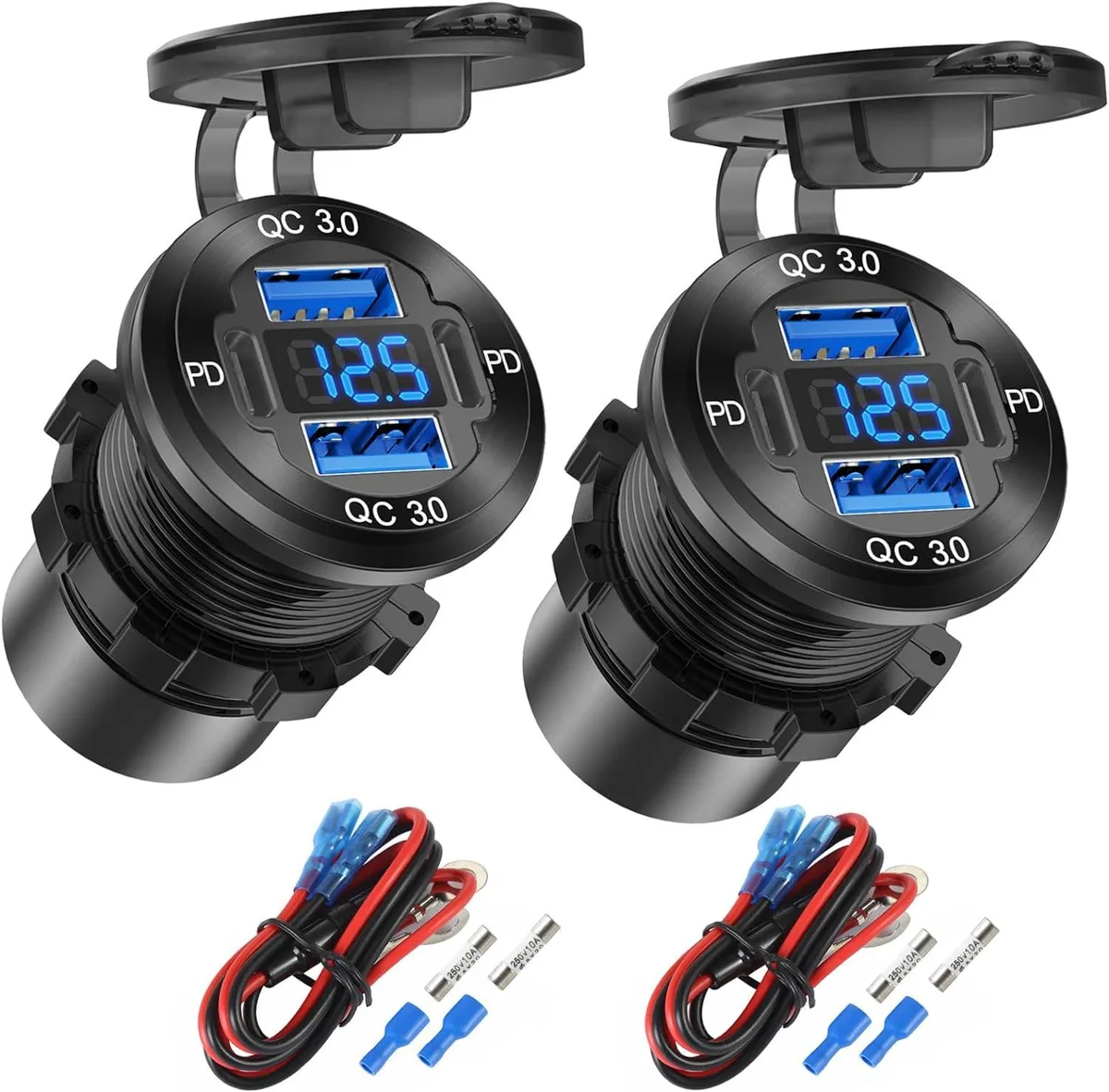 Hamzan Hamzan 2-Pack 4-Port 12V USB Charger 78W Dual PD30W QC18W Voltmeter Waterproof — product photo