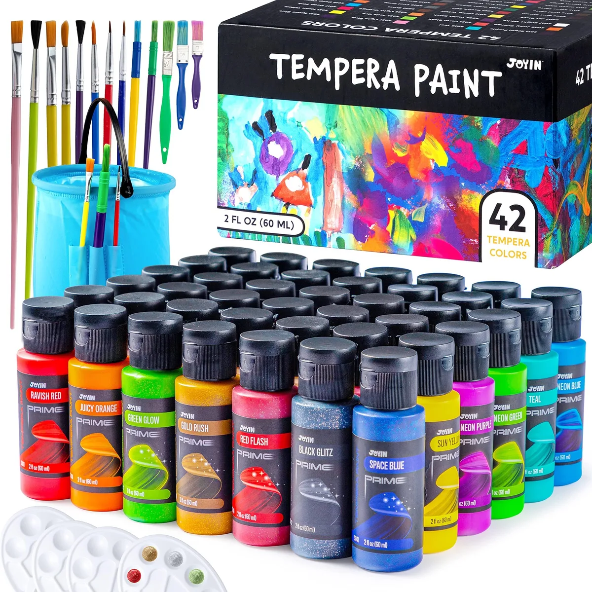  JOYIN Tempera Paint Set 42PCS Metallic 15 Brushes 4 Palettes 2oz Bottles — product photo