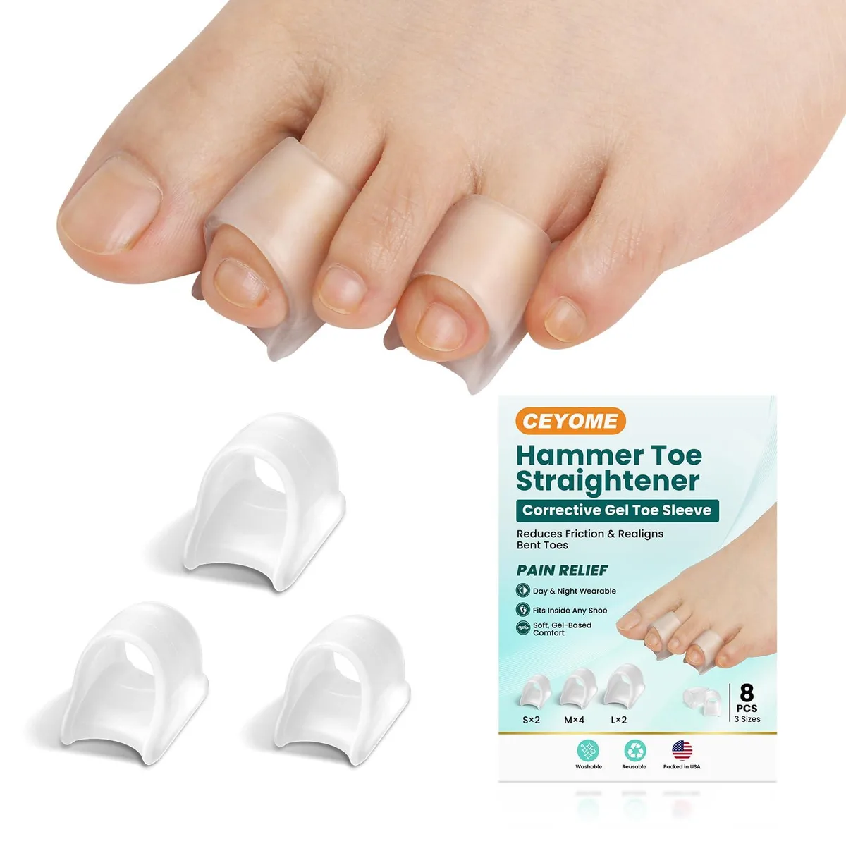 Eight clear gel toe splints in small medium large sizes