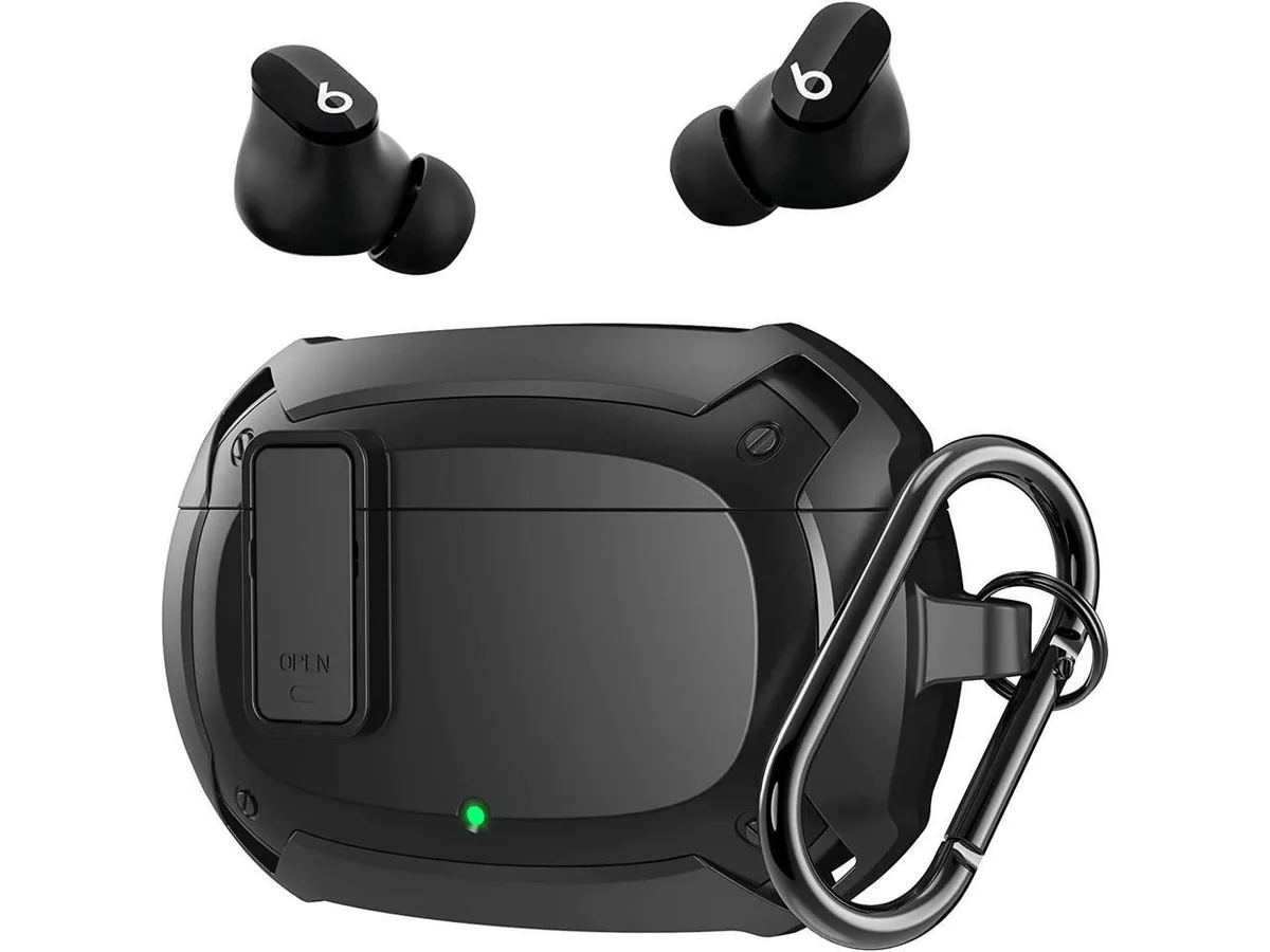 Black rugged case cover for Beats Studio Buds with metal carabiner clip