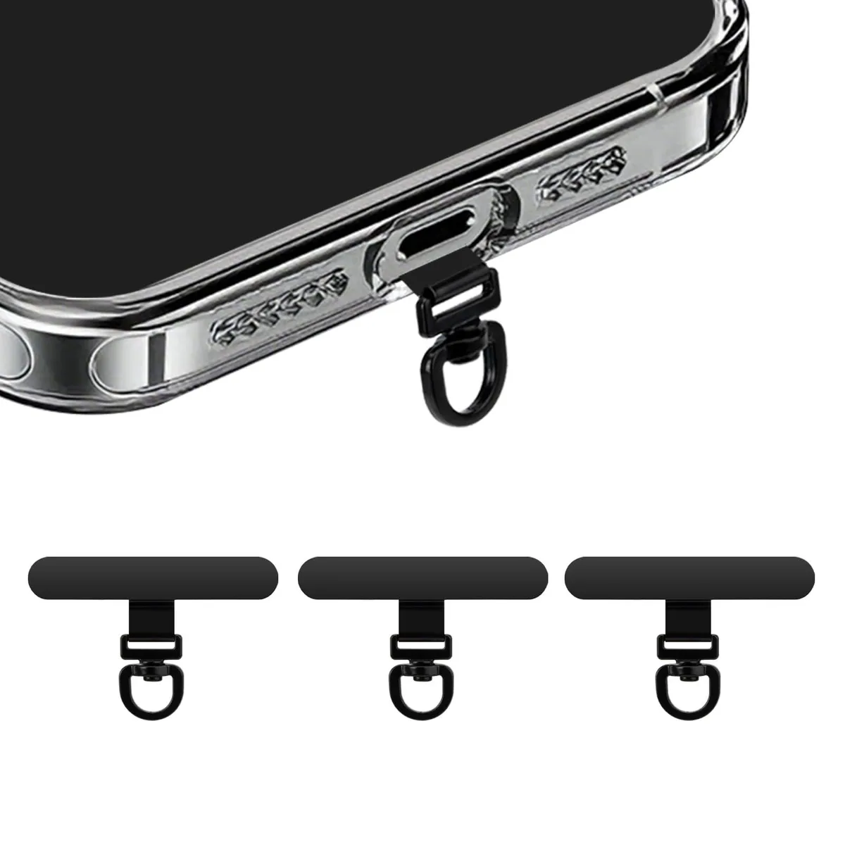 Three thin black stainless steel tether tabs with rotatable ring grips