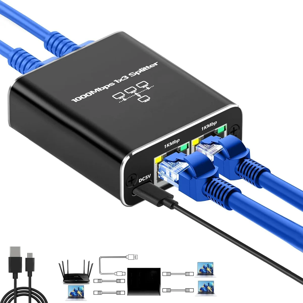LUOM LUOM OZHW2 Gigabit Ethernet Splitter 1 to 3 RJ45 Adapter — product photo