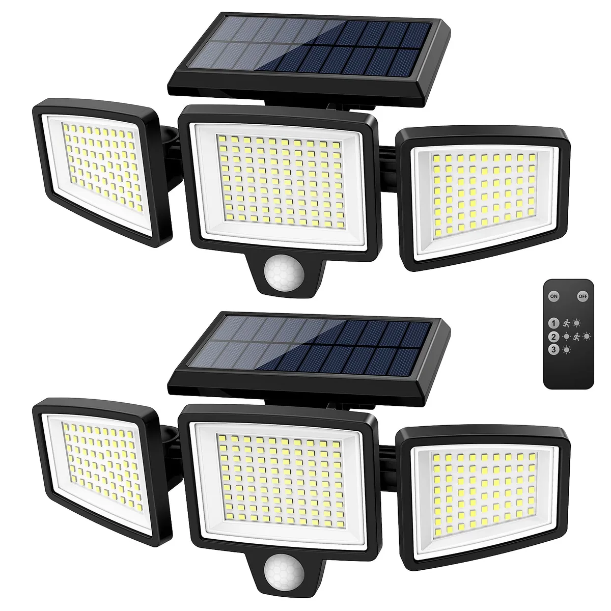 Two rectangular black floodlights with three adjustable heads each, painted ABS plastic finish