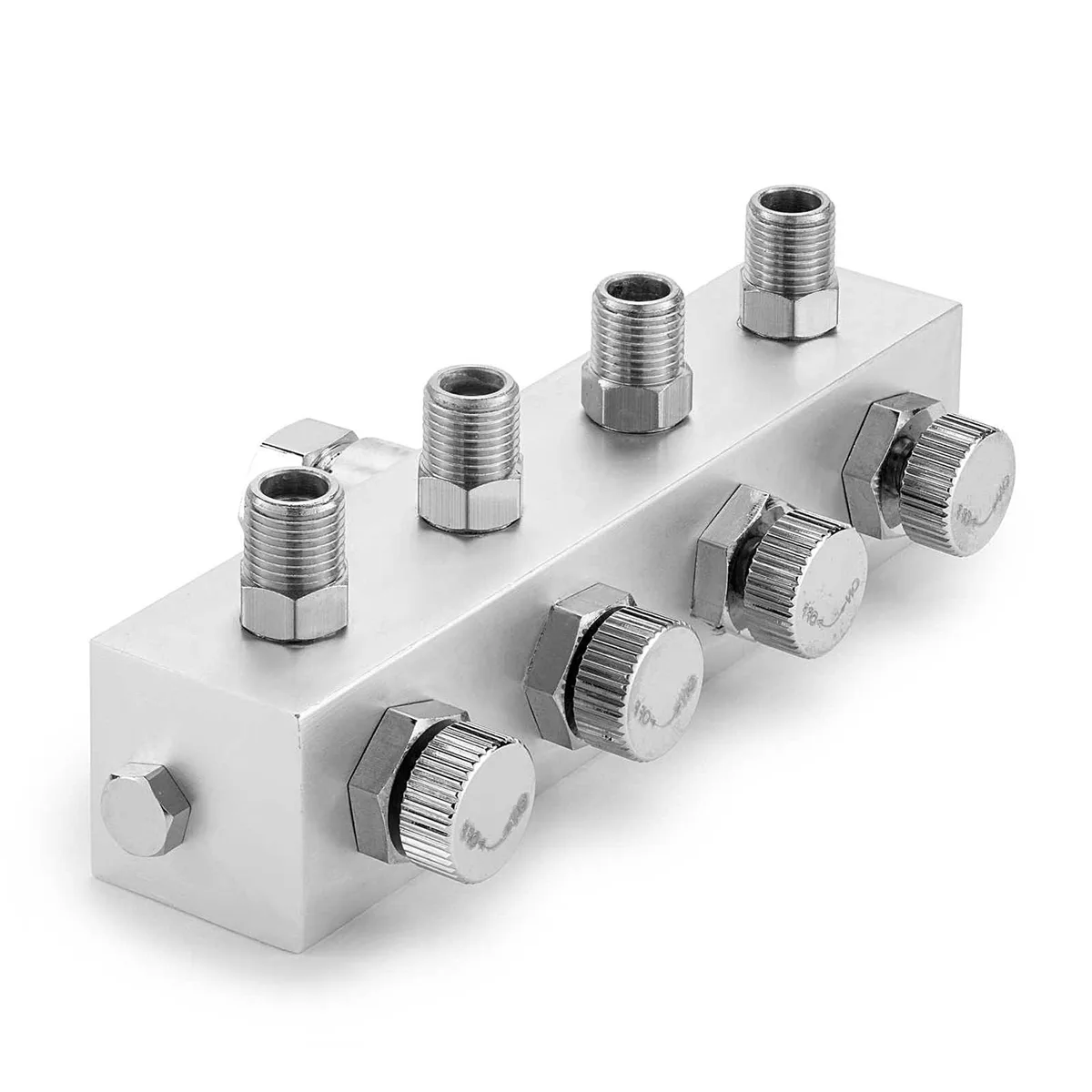 Silver four-way airbrush manifold with four control valves and BSP fittings
