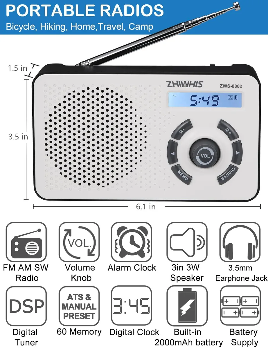  ZHIWHIS ZWS-8802 AM/FM/Shortwave Radio 2000mAh Type-C — product photo