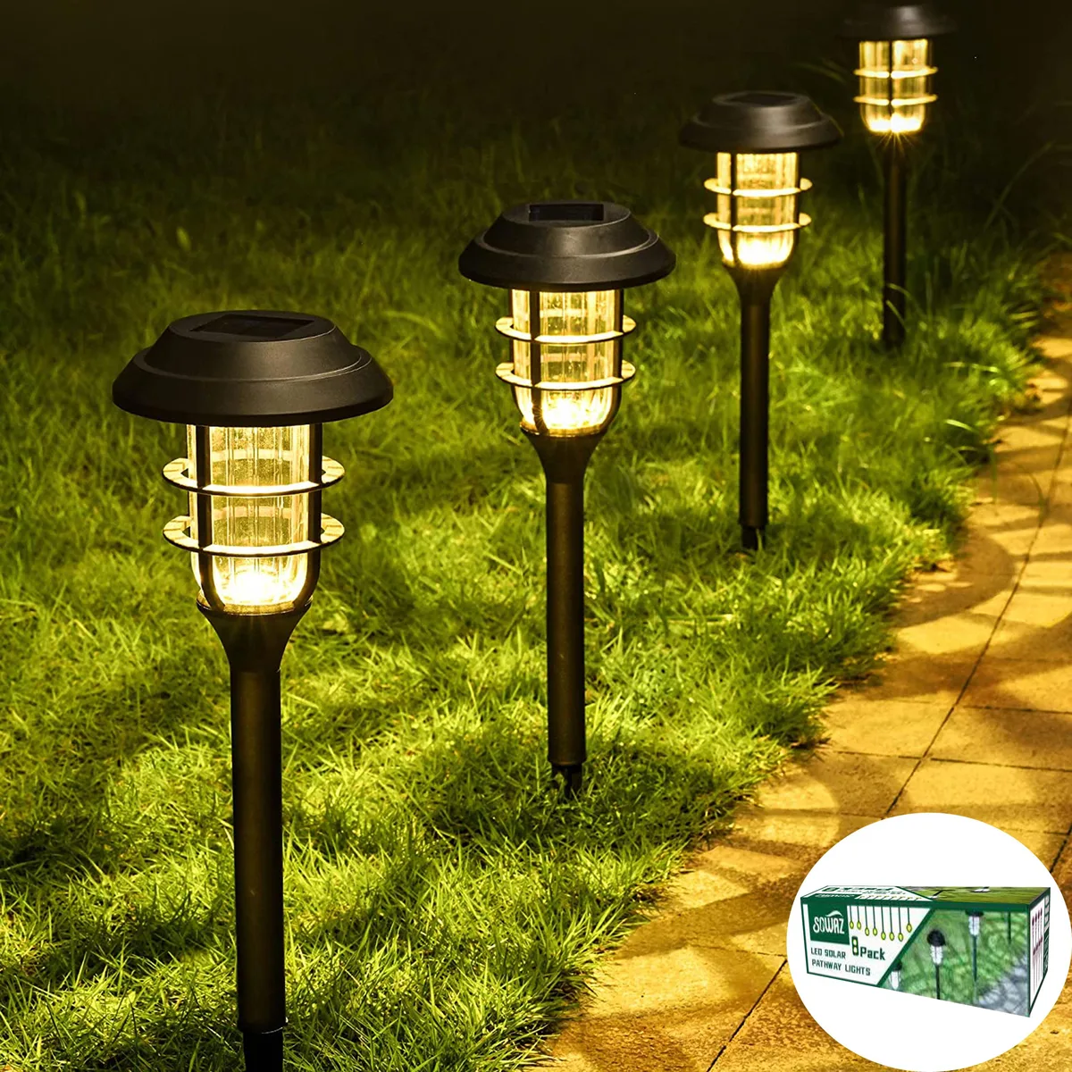 Eight black solar path lights with double-ring design and ground spikes