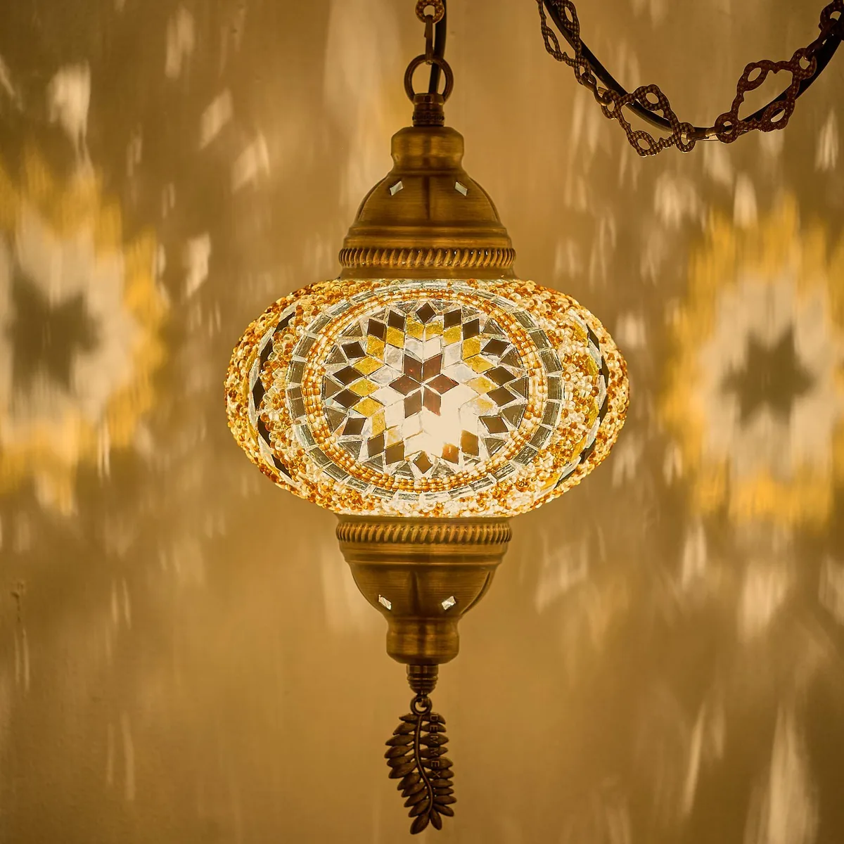 Handcrafted amber mosaic glass pendant lamp with 15ft cord and chain, plug-in, 7in globe, antique brass finish