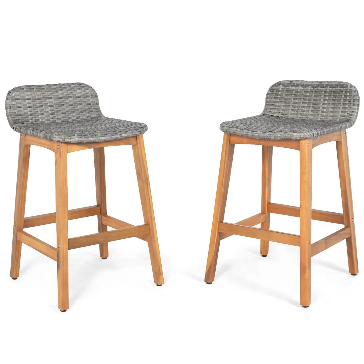 Two grey acacia wood bar stools with rattan seats, backrests and footrests