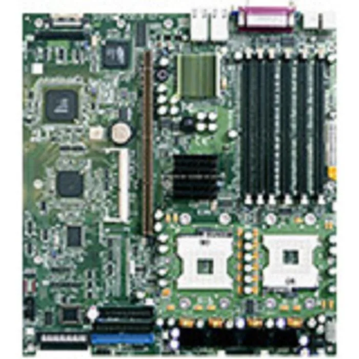 Green rectangular server motherboard with silver sockets and ports